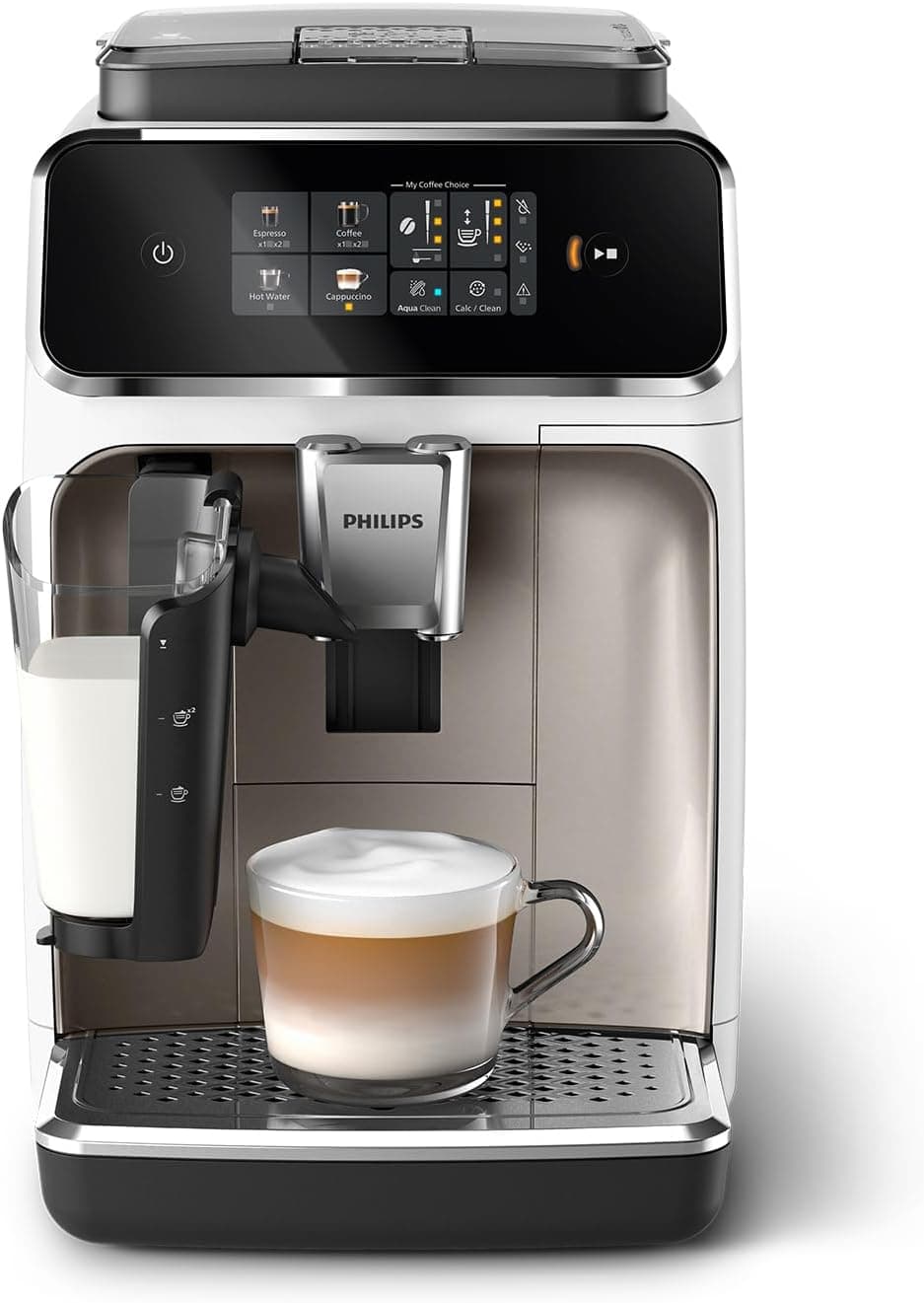 Philips Série 2300 Cafeteira expresso super automática, sistema exclusivo de leite LatteGo, 4 tipos de café personalizáveis, extração silenciosa SilentBrew, ecrã tátil. Cromo branco (EP2333/40)