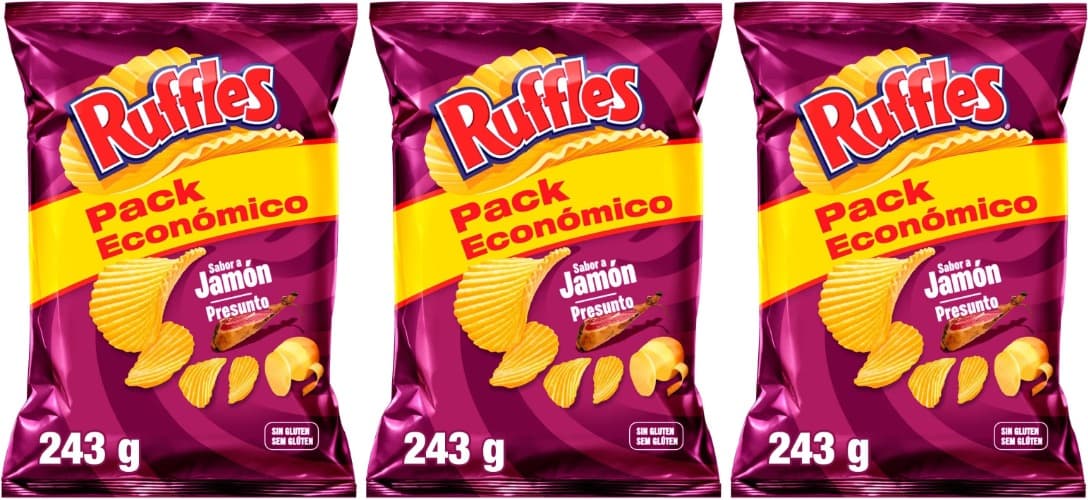 Ruffles Presunto, batatas fritas com sabor de presunto, produto de aperitivo, saco familiar, 243 g