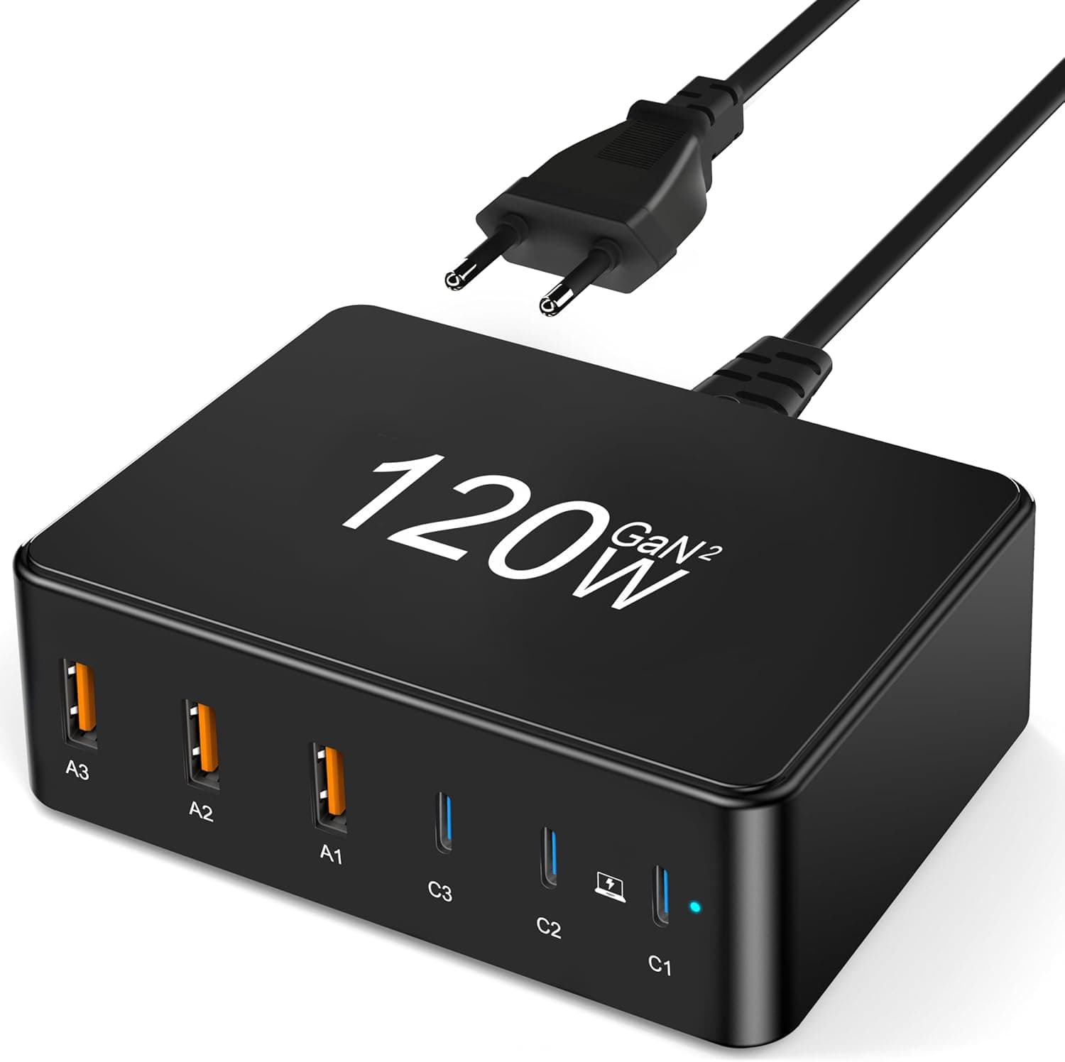 Carregador USB C de 120 W, CKFN Estação de carregamento de 6 portas, com 3 USB-C e 3 USB-A carregador rápido USB C