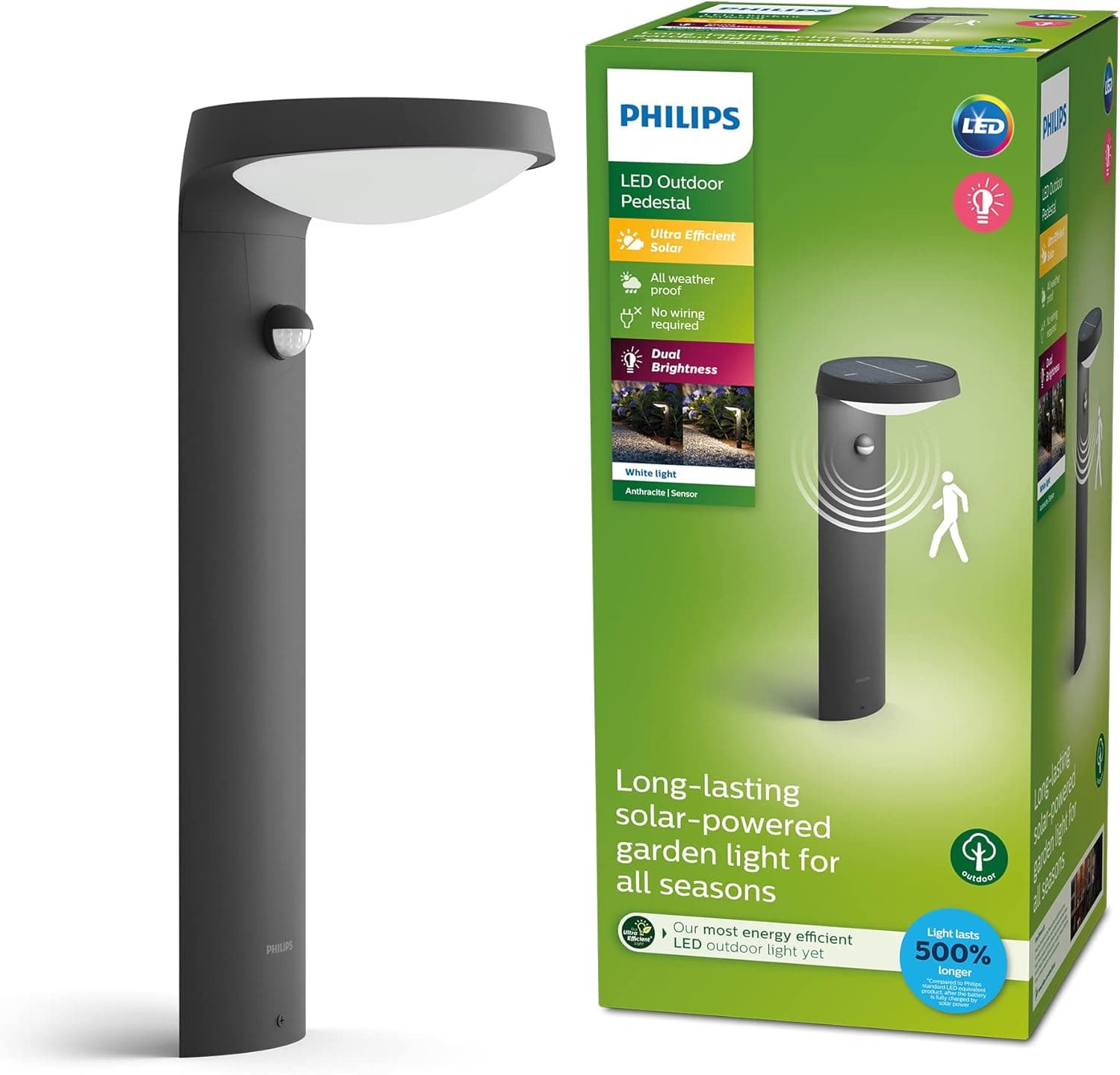 Philips Pedestal de exterior Philips Tyla 1,8 W luz neutra 4000 k, com sensor de movimento e alimentação solar, proteção IP44