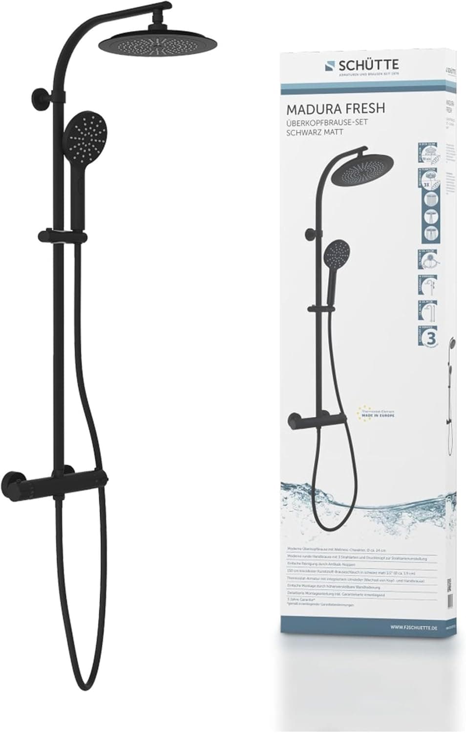 Schütte 60076 Chuva grande (24 cm de diâmetro) e chuveiro de mão, torneira termostática com bloqueio de segurança a 38 °C, conjunto de montagem completa, preto mate