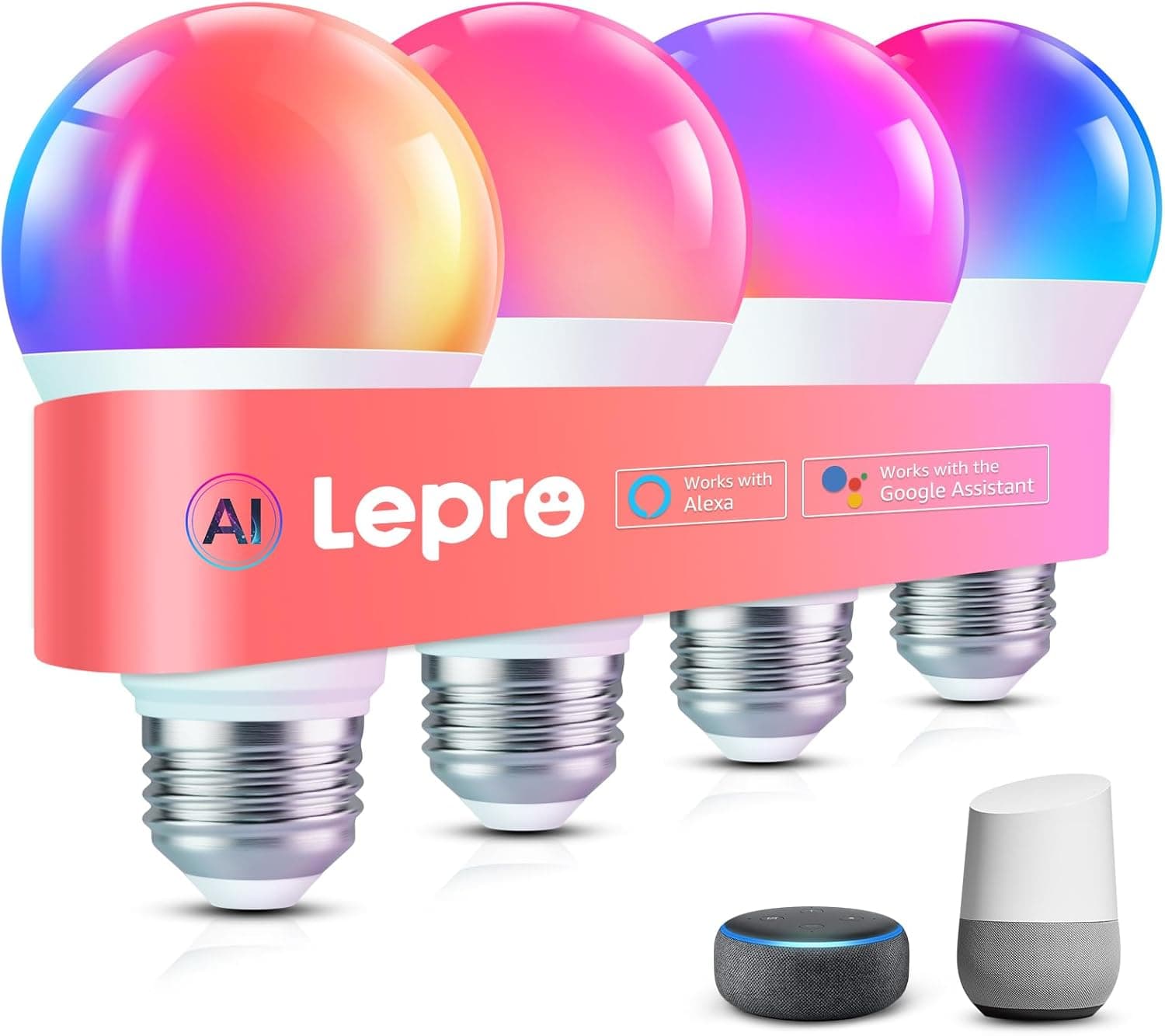 Lepro B1 AI Lâmpada LED E27, Lâmpada inteligente Alexa 9W LLM, RGB lâmpadas reguláveis, Wi-Fi controlo de voz, Sync de música assistente de design de iluminação AI, funciona com Alexa, Google Home, 4