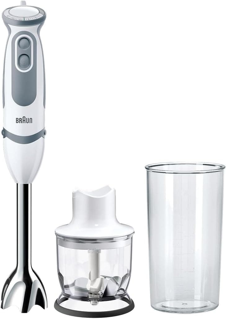 Braun Varinha Mágica – 21 Velocidades com Função Turbo, Sistema Anti-Salpicos, Powerbell Plus, com Mini-picadora (350 ml) e Copo Medidor (600 ml), Branco, 1000 W