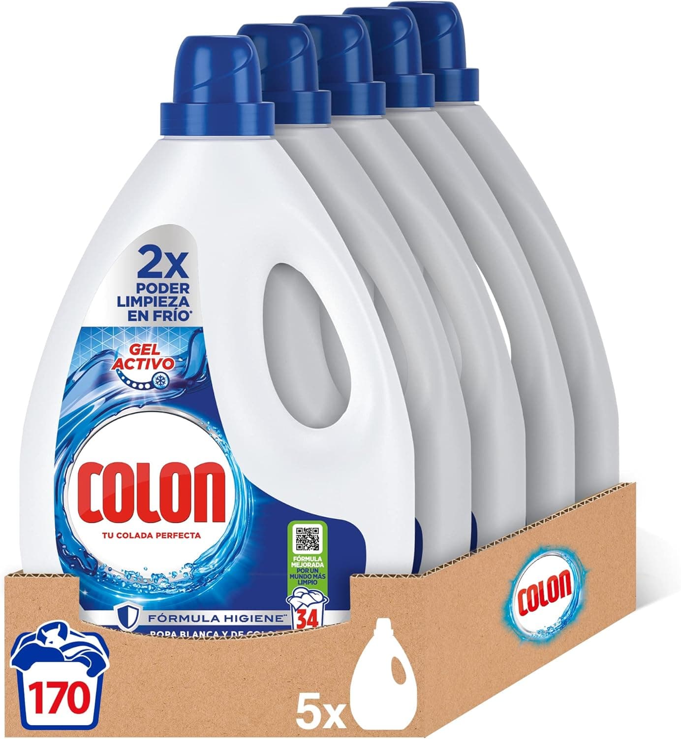 Colon Gel ativo - detergente para máquina de lavar líquido, fórmula higiene, adequado para roupa branca e colorida, formato de gel - embalagem de 5, até 170 doses