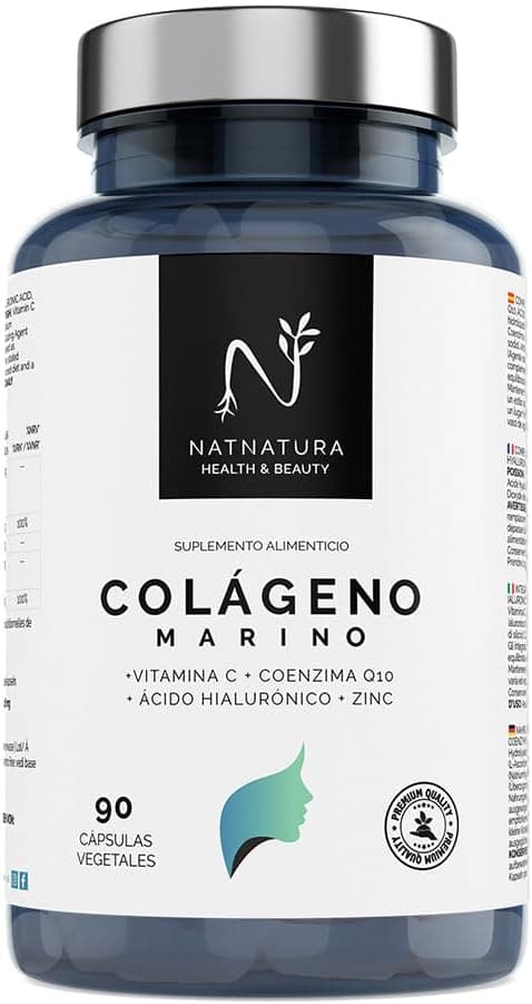 Colágeno marinho hidrolizado + ácido hialurónico coenzima Q10 vitamina C zinco. Ilumine a sua pele, proteja as suas articulações e aumente a sua energia. 90 cápsulas de legumes