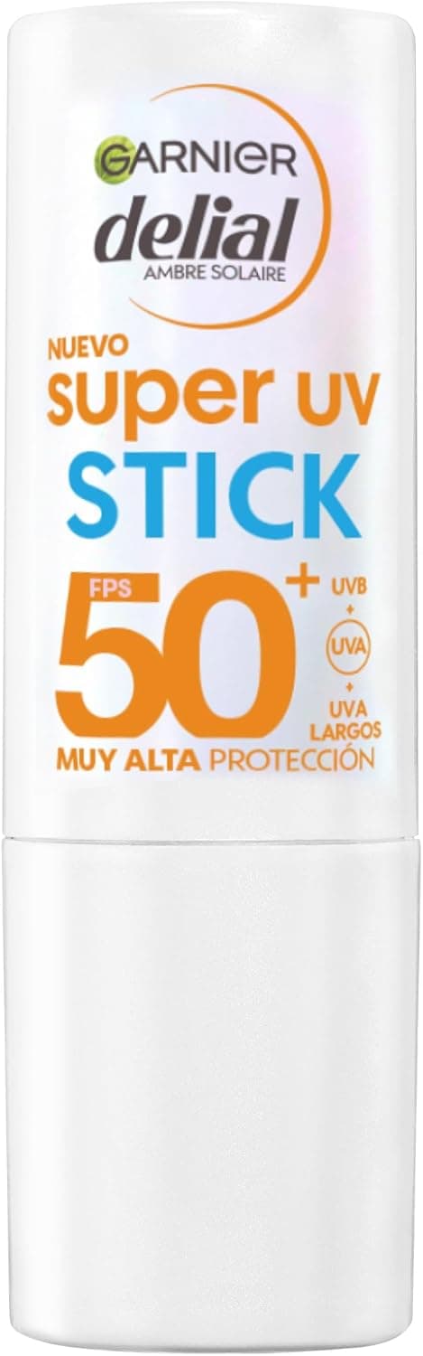 Garnier Delial Solar facial Super UV Stick invisível com manteiga de karité e vitamina E FPS50. Adequado para peles sensíveis. Formato viagem aplicação confortável