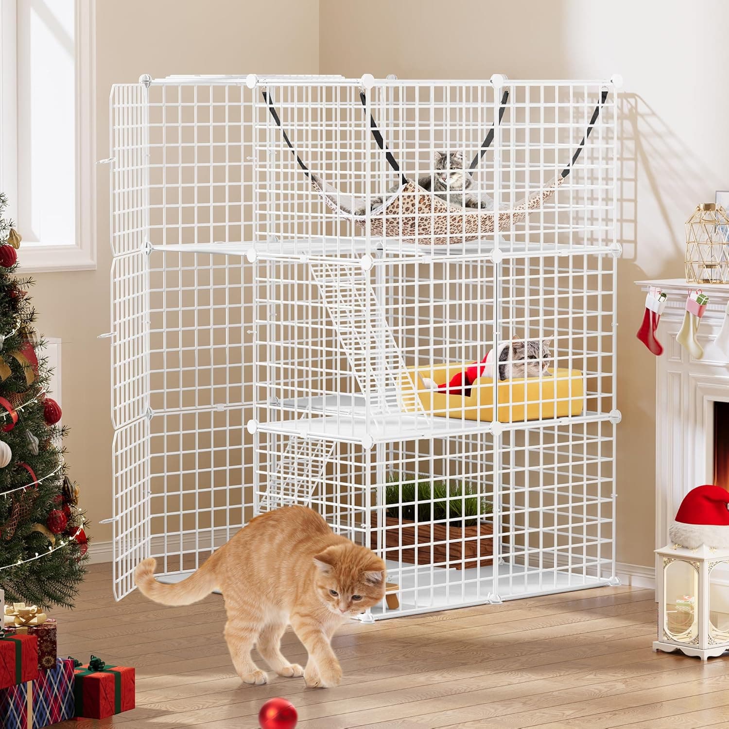 YITAHOME Gaiola para gatos com 3 portas, 2 escadas, corredor de metal, para exterior/interior, 72 x 72 x 104 cm