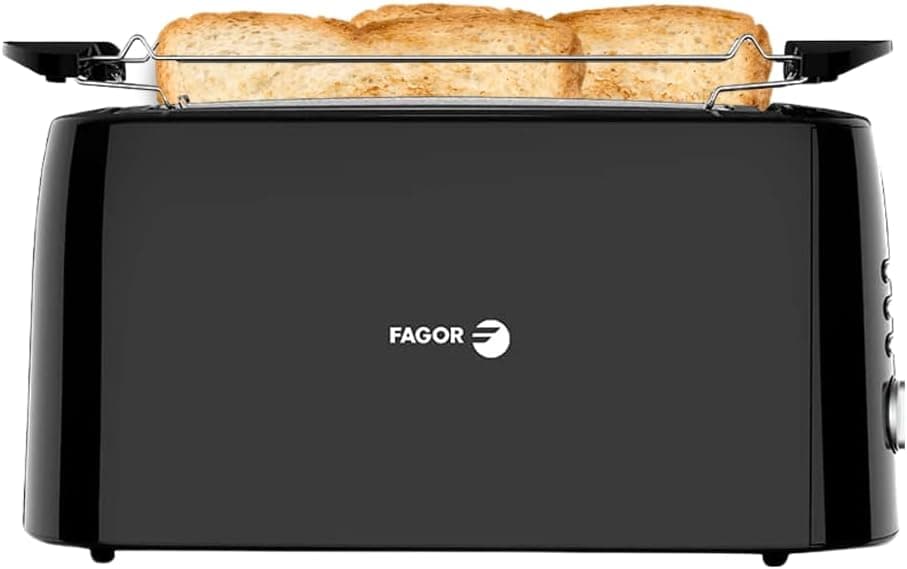 Fagor LongToast Duo Torradeira de ranhura comprida dupla, 1550 W, 6 níveis de torradagem, 3 funções, alta elevação, base antiderrapante, bandeja de recolha, preto brilhante