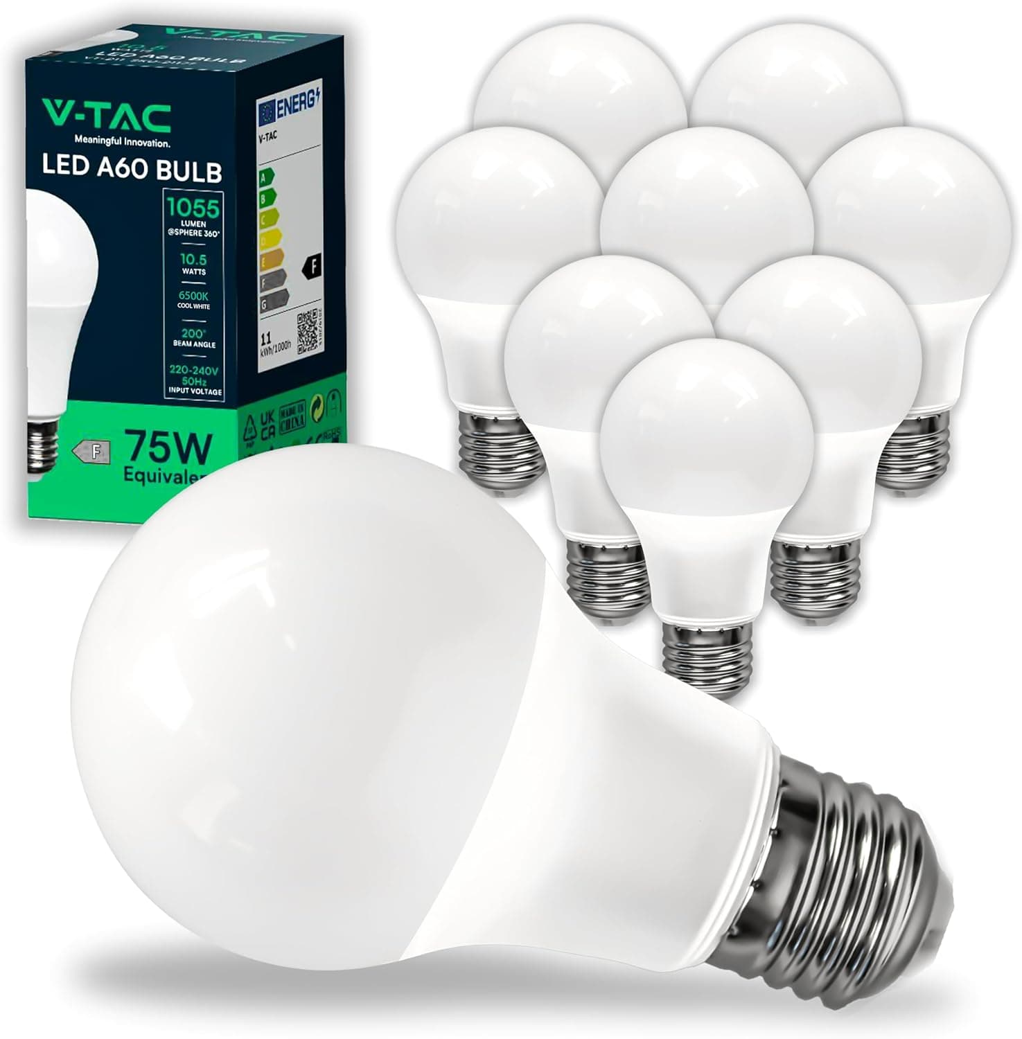 V-TAC 10 lâmpadas LED E27, Edison - A60 10,5 W (Equivalente a 75 W) - 1055 Lumen - 6500 K branco frio, abertura do feixe de luz 200 ° - máxima eficiência e baixo consumo