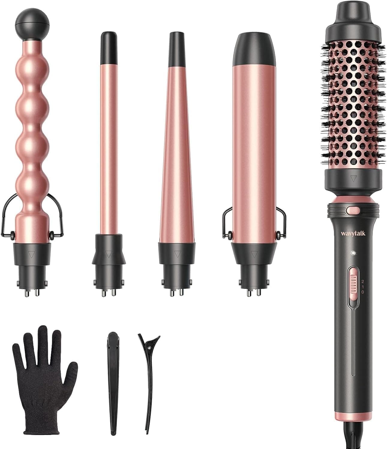 Wavytalk Modelador de cabelo, modelador de cabelo 5 em 1 modeladores com escova de ondulação e 4 tenazes de enrolar de cerâmica intercambiáveis (13-32 mm), luva resistente ao calor e 2 pinças