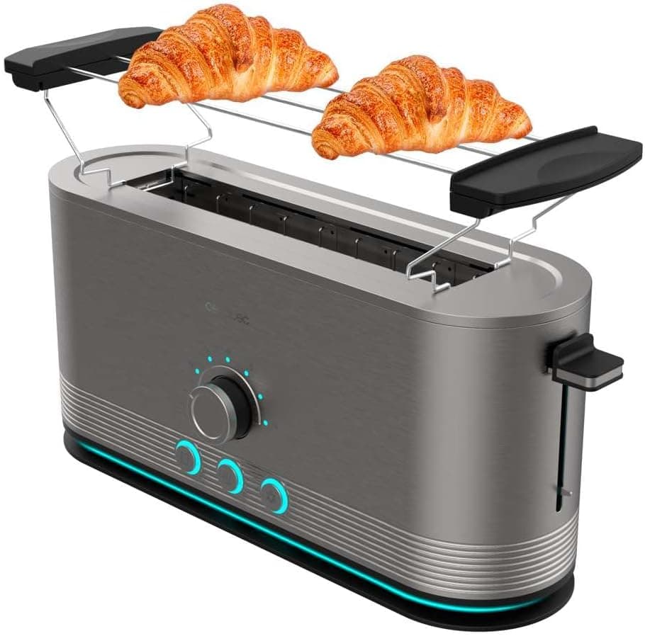 Cecotec Torradeira vertical de aço com ranhura longa Shine&Toast extra. 1050 W, capacidade para 2 torradas, ranhura larga de 3,8 cm, anel luminoso, 7 níveis de torrada, hastes superiores