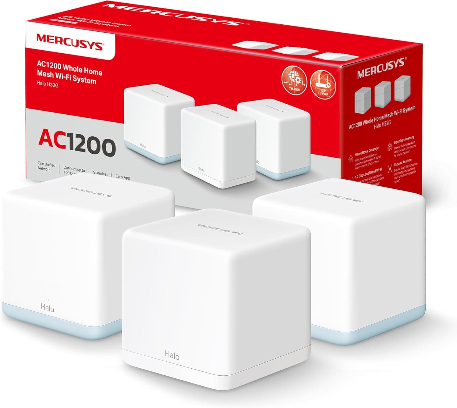 Mercusys Halo H1200G (pacote de 3), AC1200 Mesh Wi-Fi, banda dupla, cobertura até 320 m², 1 unidade portas Gigabit 2 unidades portas Megabit, MU-MIMO, Beamforming, controlo dos pais