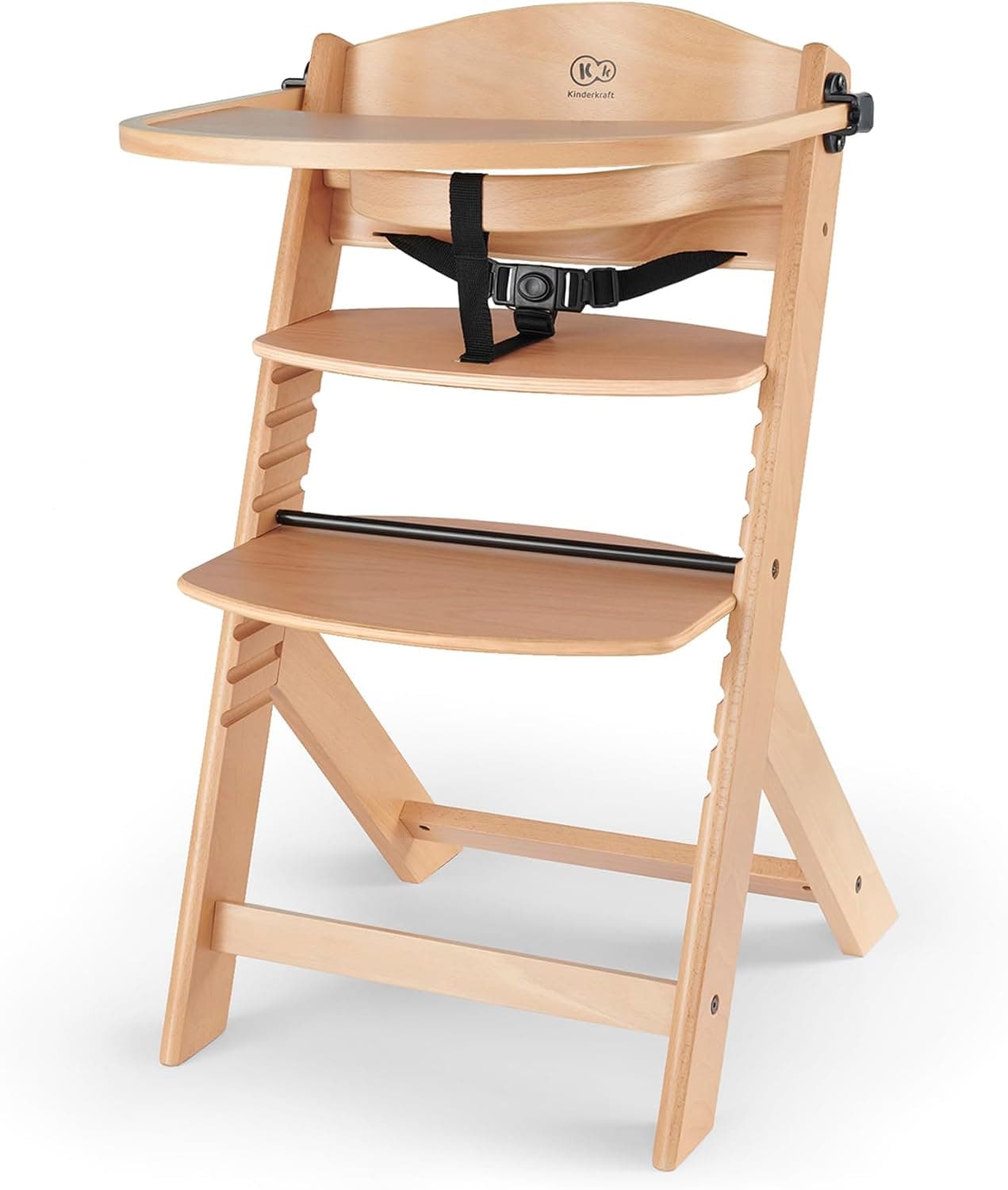 kk Kinderkraft ENOCK Cadeira alta bebé de madeira, infantil, portátil, para crianças, cadeira alta evolutiva, ergonómica, com acessórios, barreira e bandeja, madeira natural