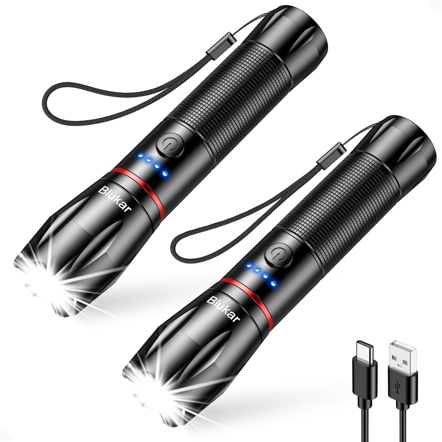 Blukar Lanterna LED recarregável, super brilhante lanternas de alumínio com 5 modos de luz, 2000 L Flashlight de mão impermeável foco ajustável para campismo, caminhadas, emergência, bricolage
