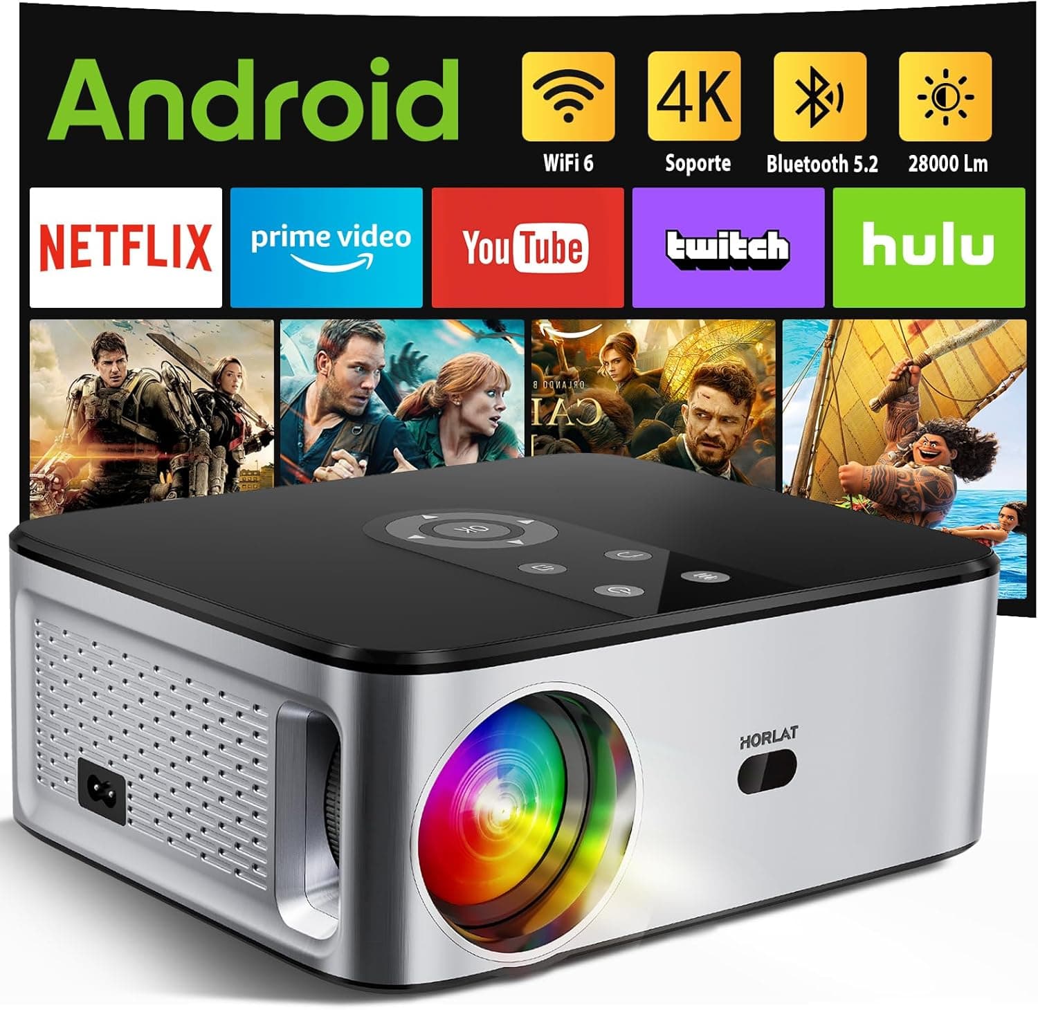 Horlat 4K | Projetor portátil com Android TV Wi-Fi Bluetooth 28000 lúmenes e ecrã 300 polegadas