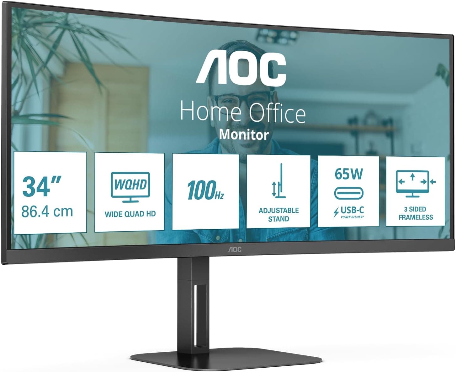 AOC CU34V5C Monitor QHD curvo de 34 polegadas, 100 Hz, VA, USB-C Docking, 65 W, USB Hub, altura ajustável, altifalantes (3440 x 1440, 100 Hz, 300 cd/m², HDMI 2.0/DP 1.2 / USB/USB. USB. -C 3.2 DP)