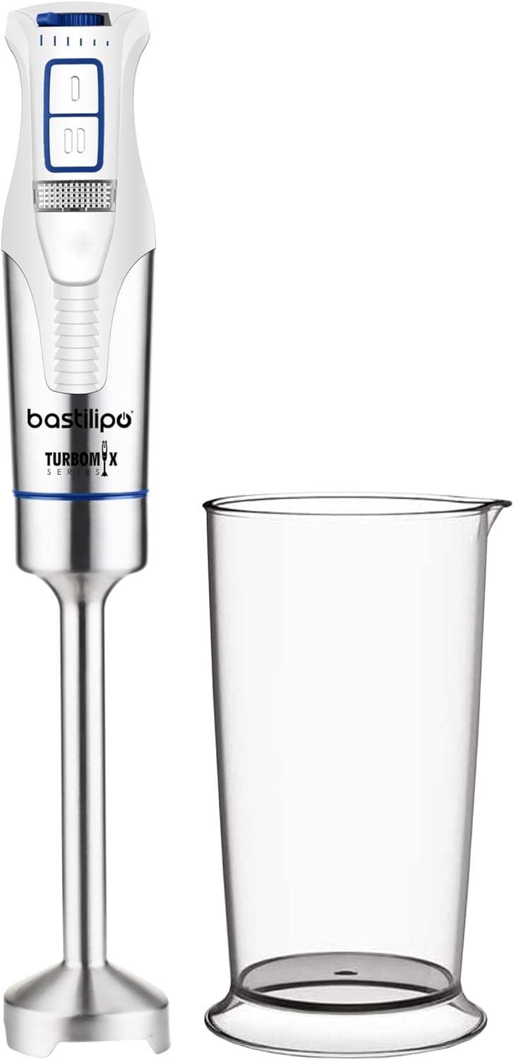 Bastilipo - Liquidificadora de braço, velocidade variável de 1200 W TURBO, com copo medidor de 800 ml, cor branca/aço, TURBOMIX-1200