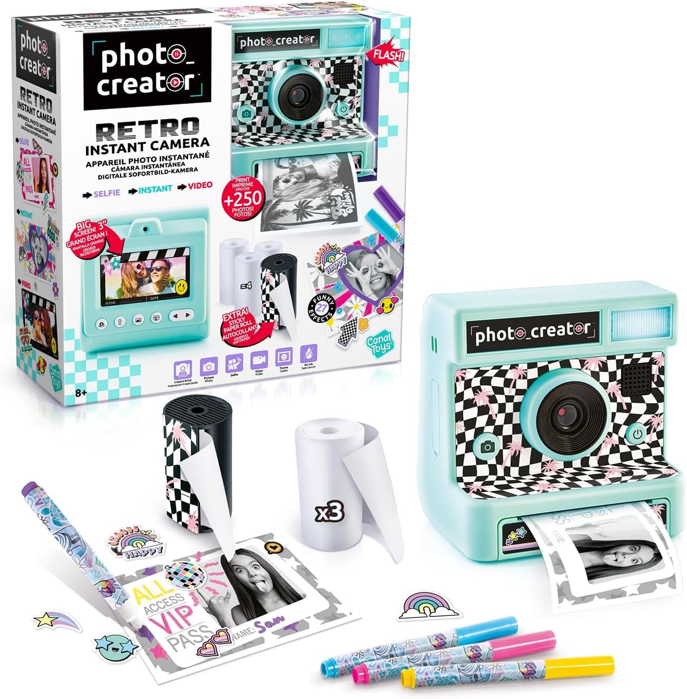 Canal Toys - Creator - Câmara de fotos instantânea retro com flash - com 4 rolos de papel que incluem 1 adesivo, marcadores e autocolantes - azul - CLK019
