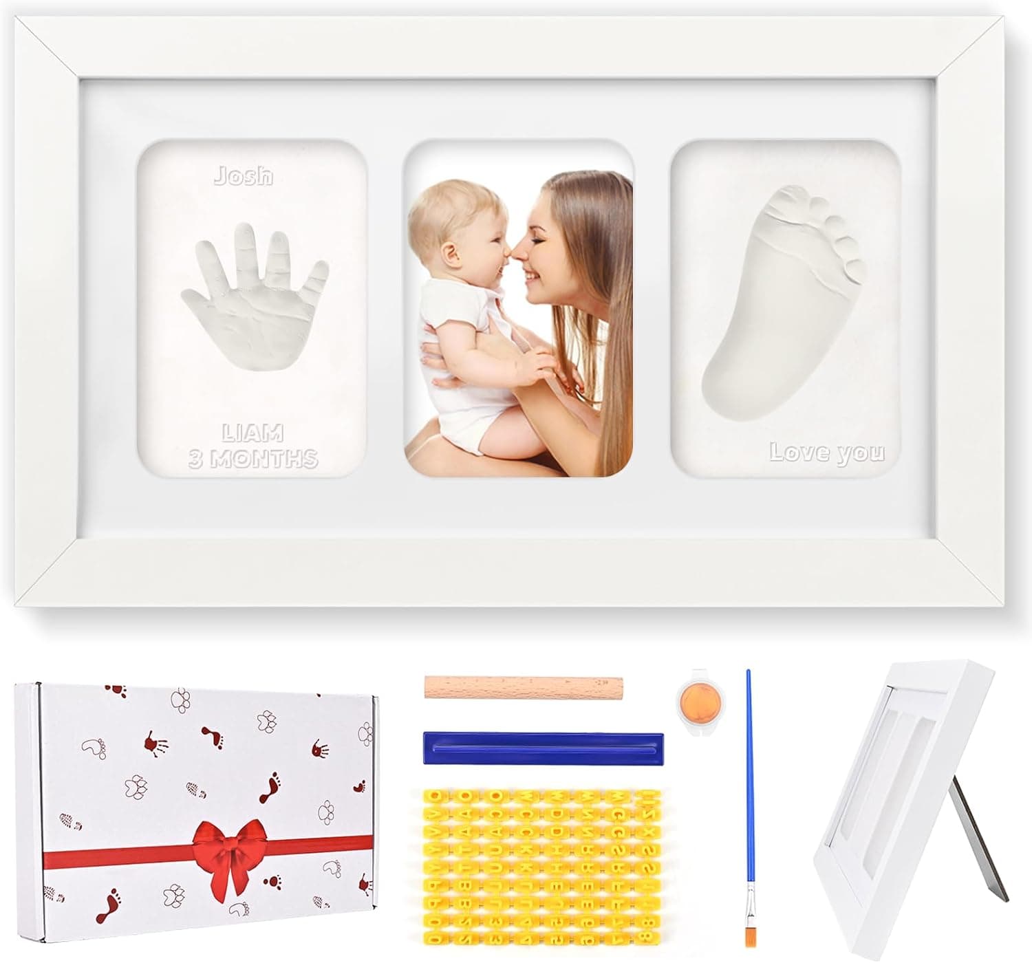 Wantli Moldura pegadas bebé, kit de impressões de mão e pé de bebé, kit de moldura de fotos pegadas, com moldura de fotos madeira, moldes alfabeto ideal, decoração ou presente de Baby Shower
