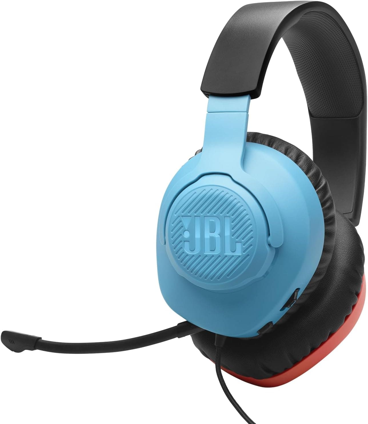 JBL Quantum 100N, auriculares para gaming com cabo e microfone removível, JBL QuantumSOUND Signature, compatíveis com várias plataformas e Windows Sonic Spatial Sound, azul e vermelho