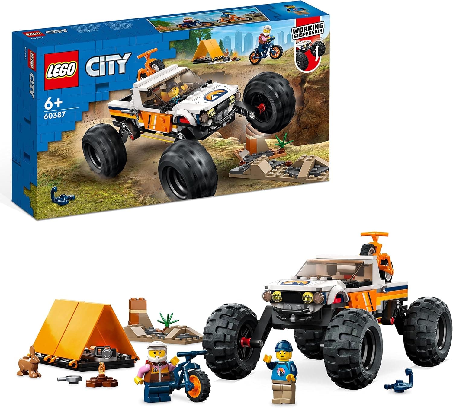 LEGO City todo-o-terreno 4 x 4 aventureiro, brinquedo de construção com suspensão, veículo estilo Monster Truck, bicicletas de montanha e campismo, presente para meninos e meninas de 6 anos ou mais