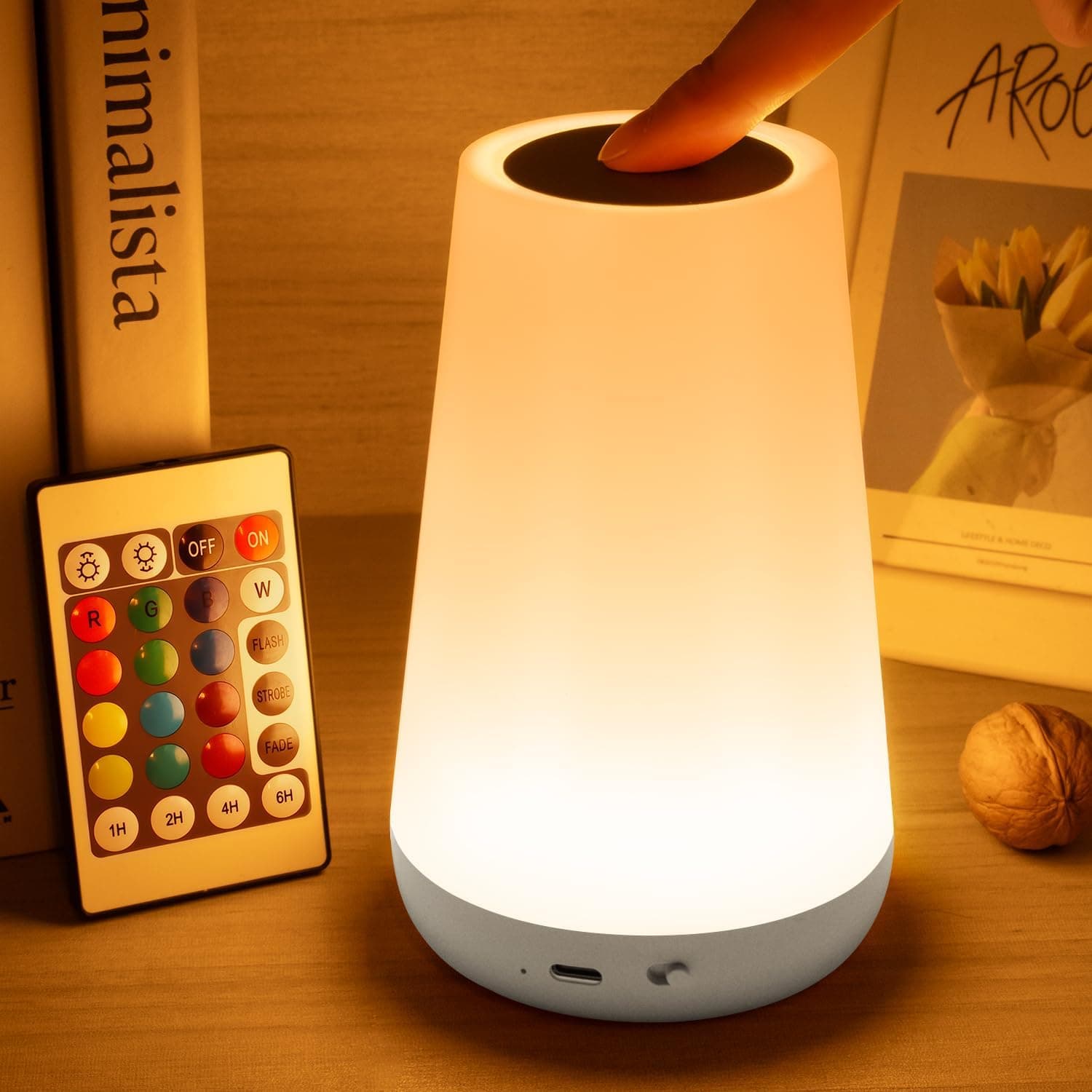 Auxmir Candeeiros de mesa de cabeceira, recarregável 1800 mAh com USB, luz de presença LED sem cabo, controlo remoto e tátil, temporizador, 13 cores de luz, para quarto silencioso, branco