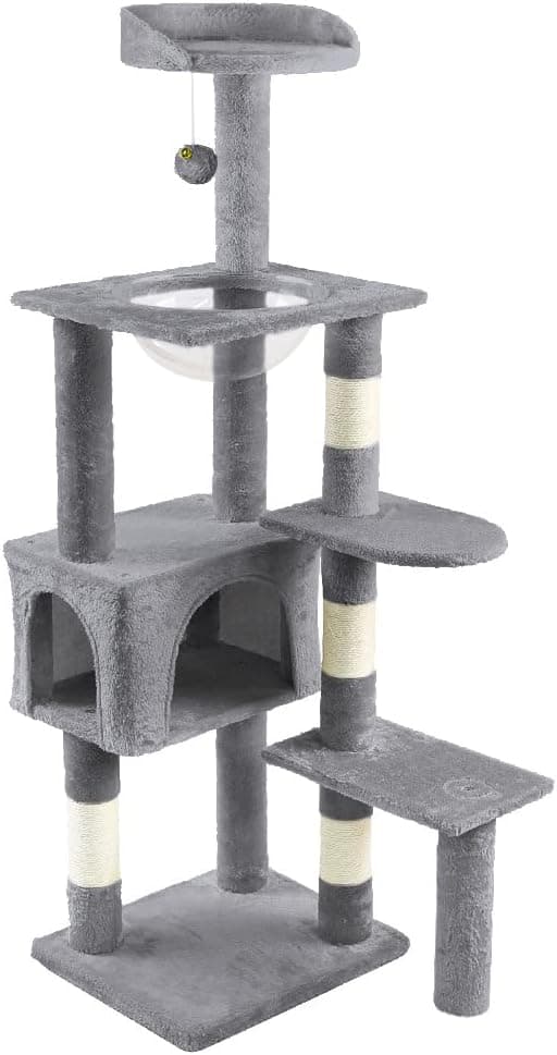 VOUNOT® Árvore de raspador para gatos, poste de raspador estável para gatos com ninho, plataformas, cápsula espacial e bola para gatos, 138 cm, cinzento