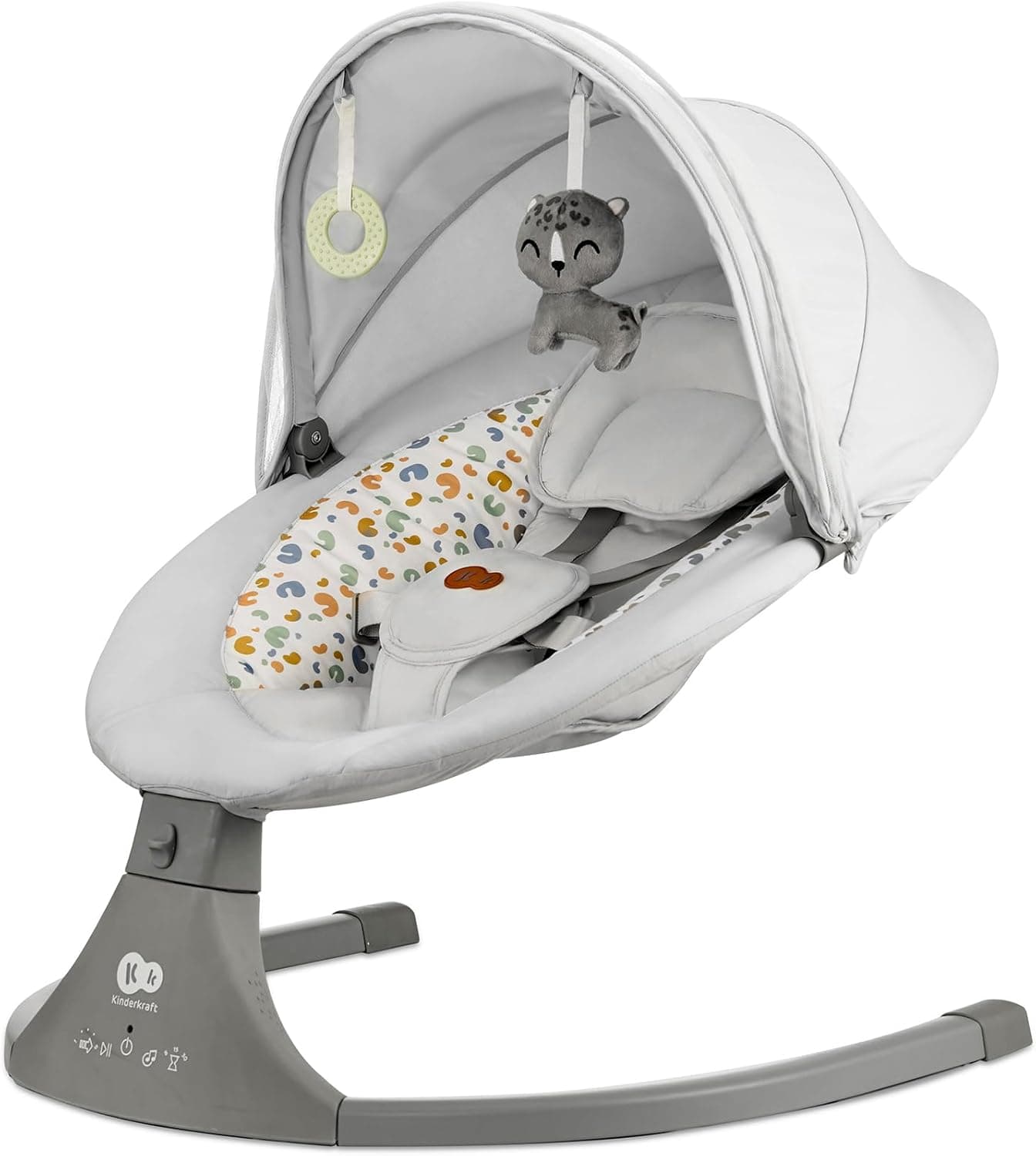 Kinderkraft Rede LUMI 2, balanço elétrico para bebés, desde o nascimento até 9 meses, altura regulável, 5 modos, 12 melodias, arco com brinquedos, cinzento claro