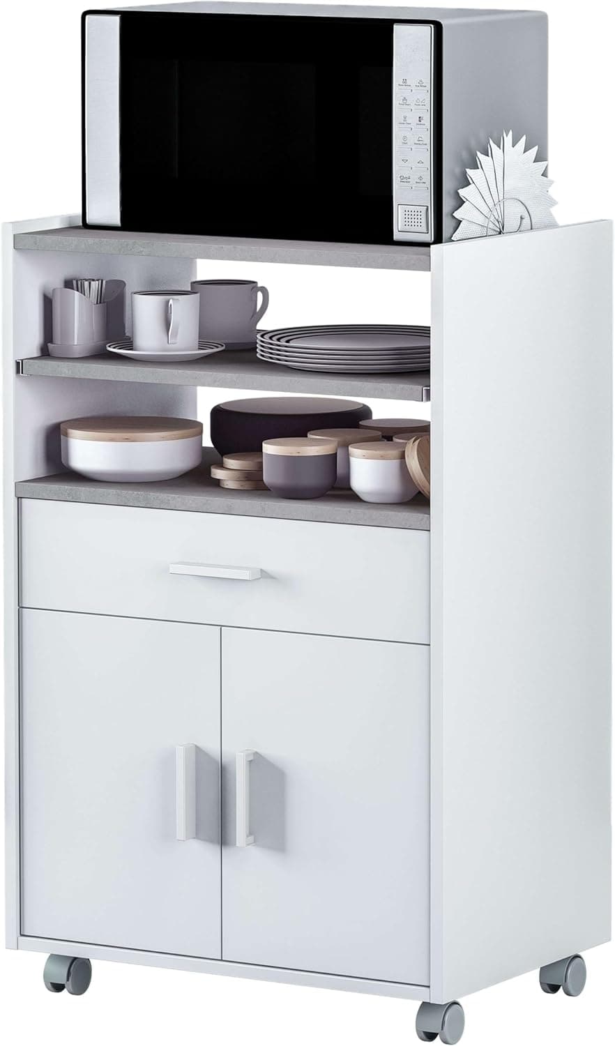 Habitdesign Mobiliário auxiliar de cozinha com rodas, móveis de microfibra, armário com 1 gaveta e 2 portas, acabamento em branco Artik e cimento, medidas: 59 cm (largura) x 92 cm (altura) x 40 cm