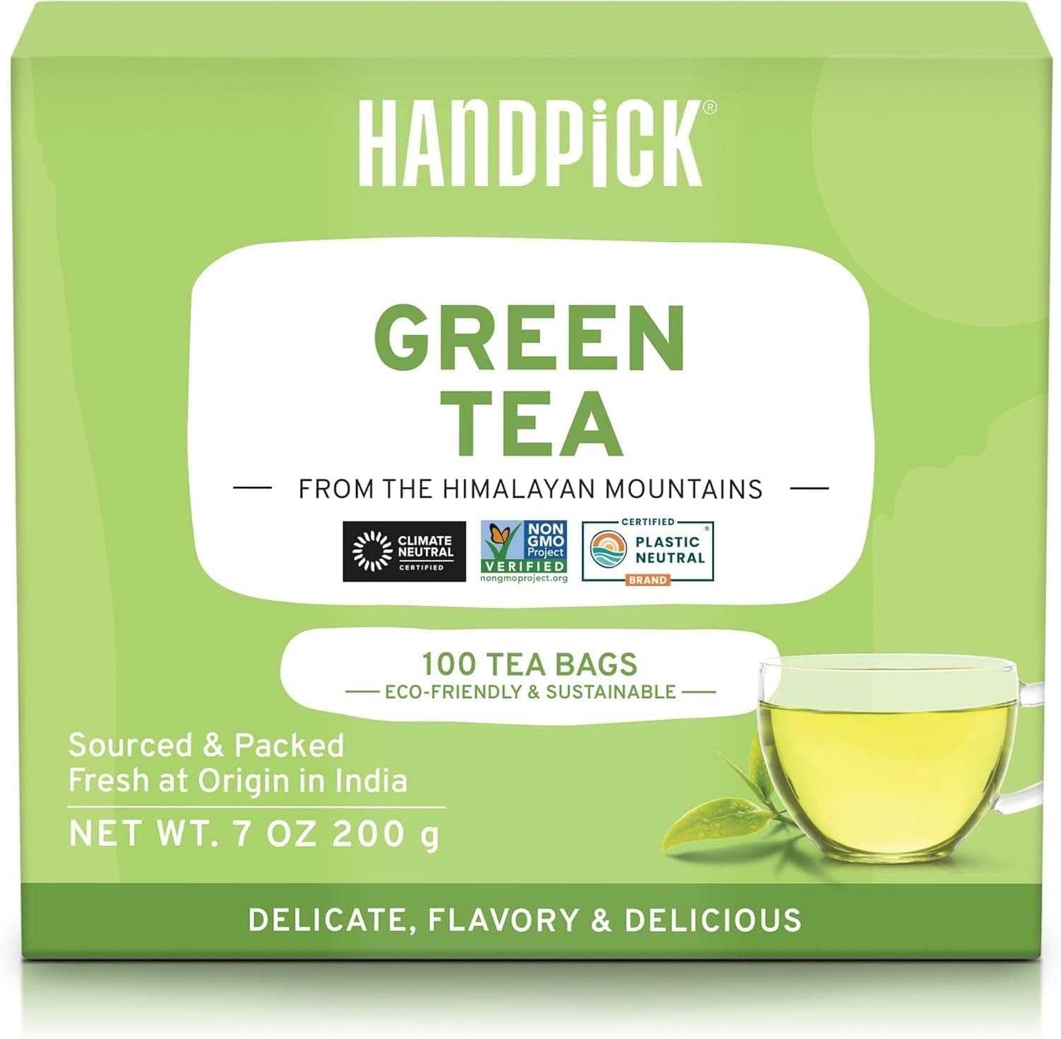 HANDPICK, Sacos de chá verde - 100 sacos de chá ecológico | puro chá verde, sem glúten | fecho hermético | delicado e saboroso | direto da Índia