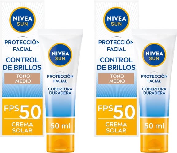 NIVEA SUN Proteção facial UV, controlo de brilho, FP50, creme solar facial colorido, creme matificante com proteção solar alta para peles normais, 50 ml x 2