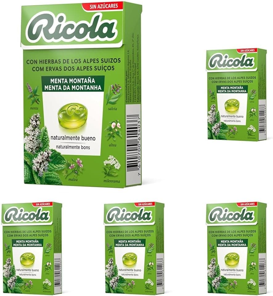 Ricola Mountain Mint | Rebuçados refrescantes sem açúcar com extrato de hortelã e 13 ervas suíças, pack de 5 caixas de 50 g