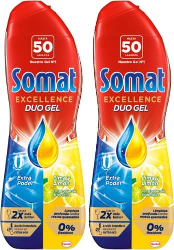 Somat Excellence Gel Lime & Lemon | Detergente líquido para máquina da loiça remove gordura e sujidade, 50 lavagens