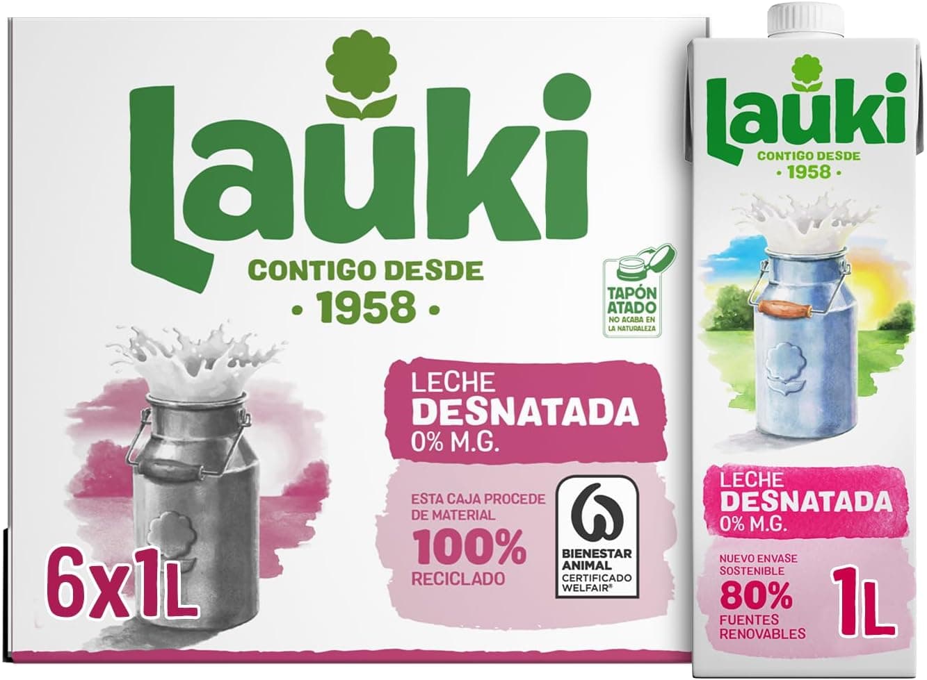 Leite Lauki magro brik 1L, caixa de 6 litros