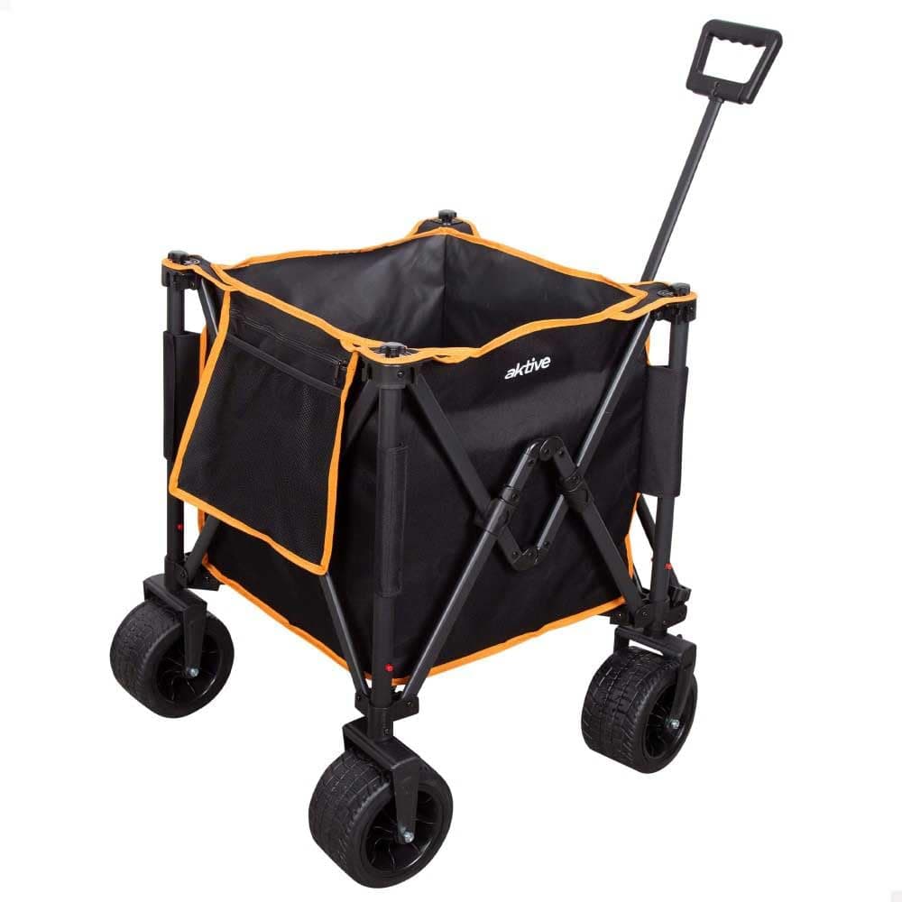 AKTIVE Carrinho de transporte dobrável, praia, jardim, campismo, até 80 kg, rodas robustas e giratórias de 360° com travões, cabo multiângulos, com bolso, preto e laranja, com capa, porta-cadeiras