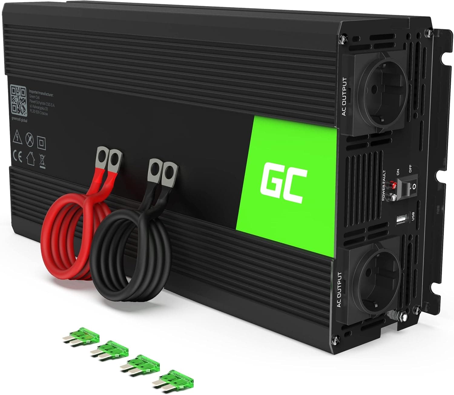 Green Cell INV25 | Inversor de corrente 1500 W/3000 W 12 V para 220 V com porta USB e onda sinusoidal modificada para carro e camião