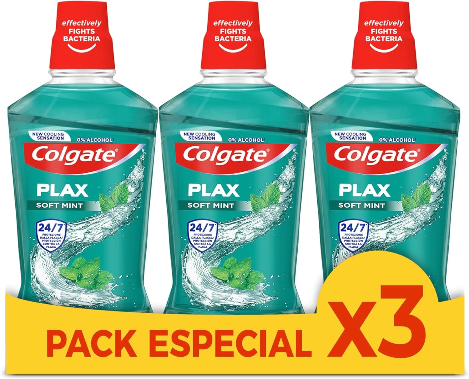 Colgate Plax Soft Mint enxaguamento oral, conjunto de 3 unidades x 500 ml, antibacteriano, contém fluor, proteção eficaz contra a cárie 24 H, sem álcool, hálito fresco, boca mais saudável