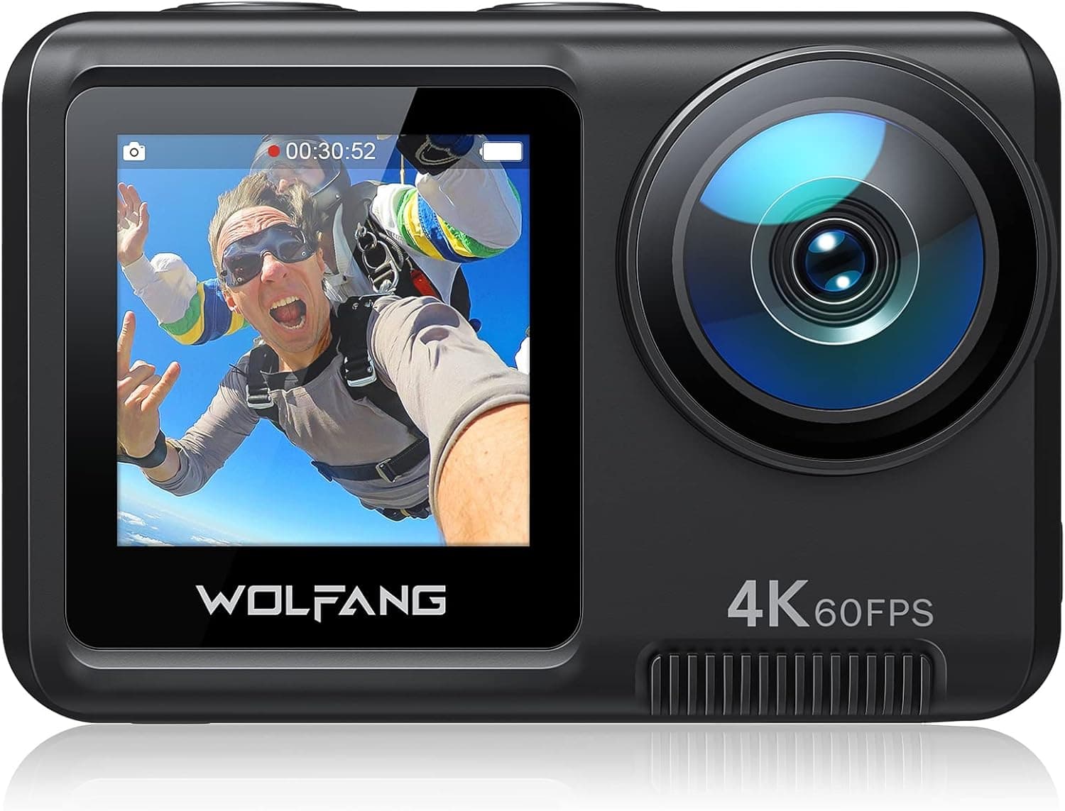 WOLFANG GA420 Câmara desportiva de ecrã duplo 4K 60FPS 24 MP, 10 m corpo/40 m impermeável, Wi-Fi Webcam câmara de vídeo subaquática, microfone duplo, controlo remoto, EIS, 2 x 1350 mAh baterias