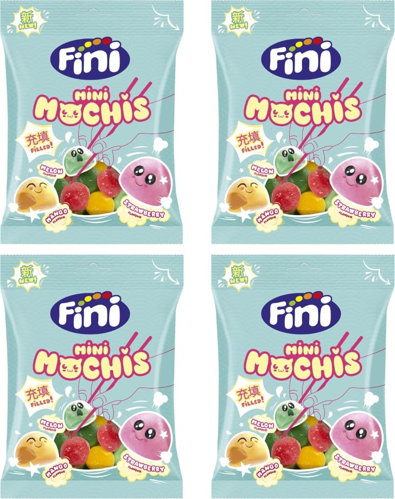 Fini Mini Gummy Mochis | Gomas recheadas com sabores de melão morango e manga saco de 90 g x 4