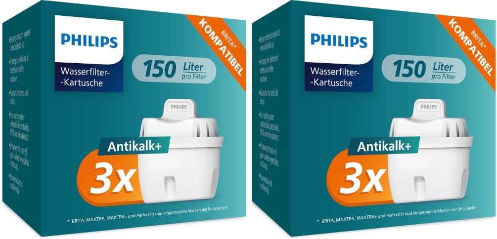 Philips Water cartuchos de filtro de água de substituição anticalcário, embalagem de 3 filtros, compatível com Brita, até 50% de maior redução da CAL