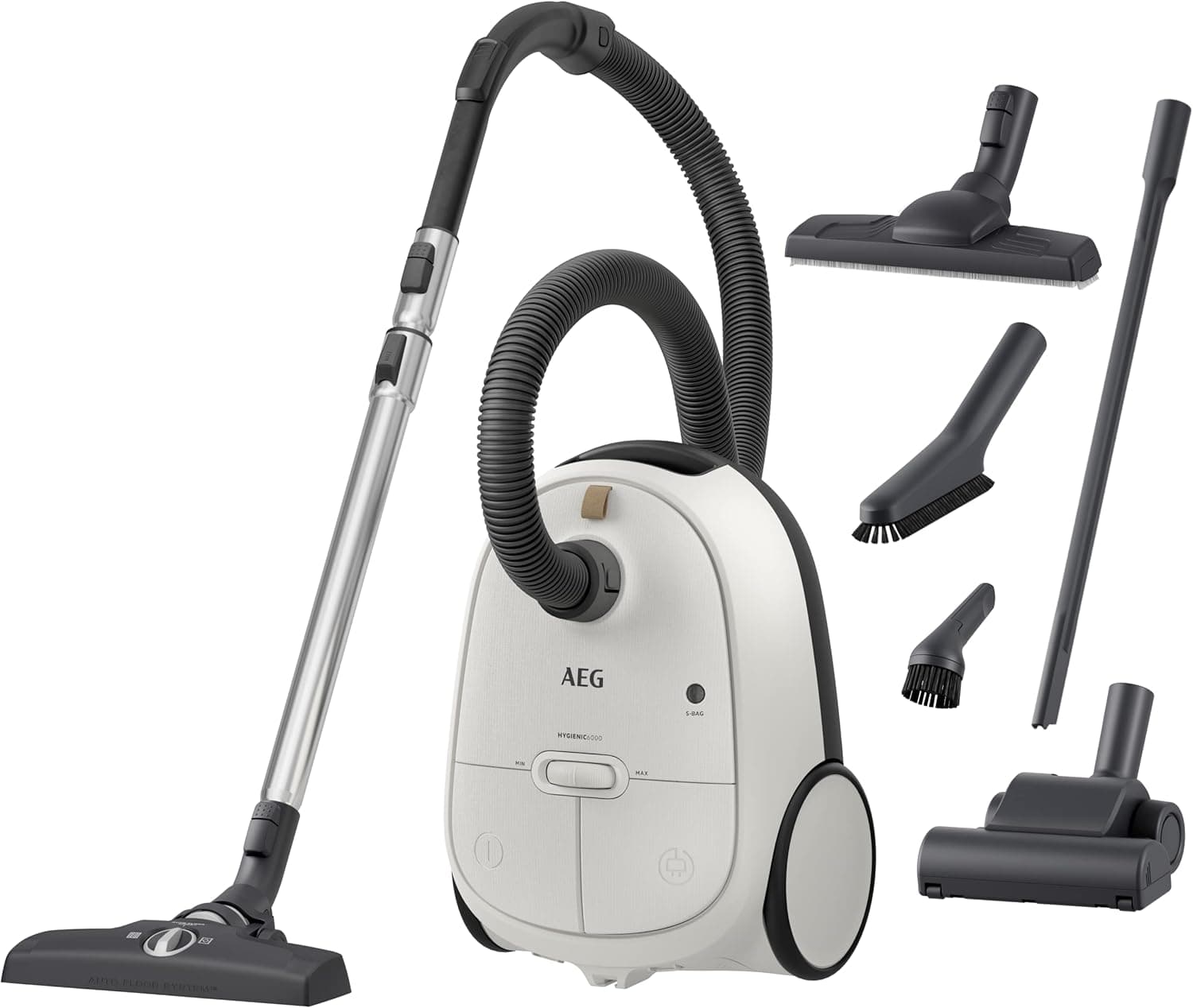 AEG AB61H6SW Aspirador de trenó com saco, 850 W de potência, capacidade de 3,5 l, rádio de ação de 12 m, rodas XL, filtro lavável, 3 escovas 3 acessórios