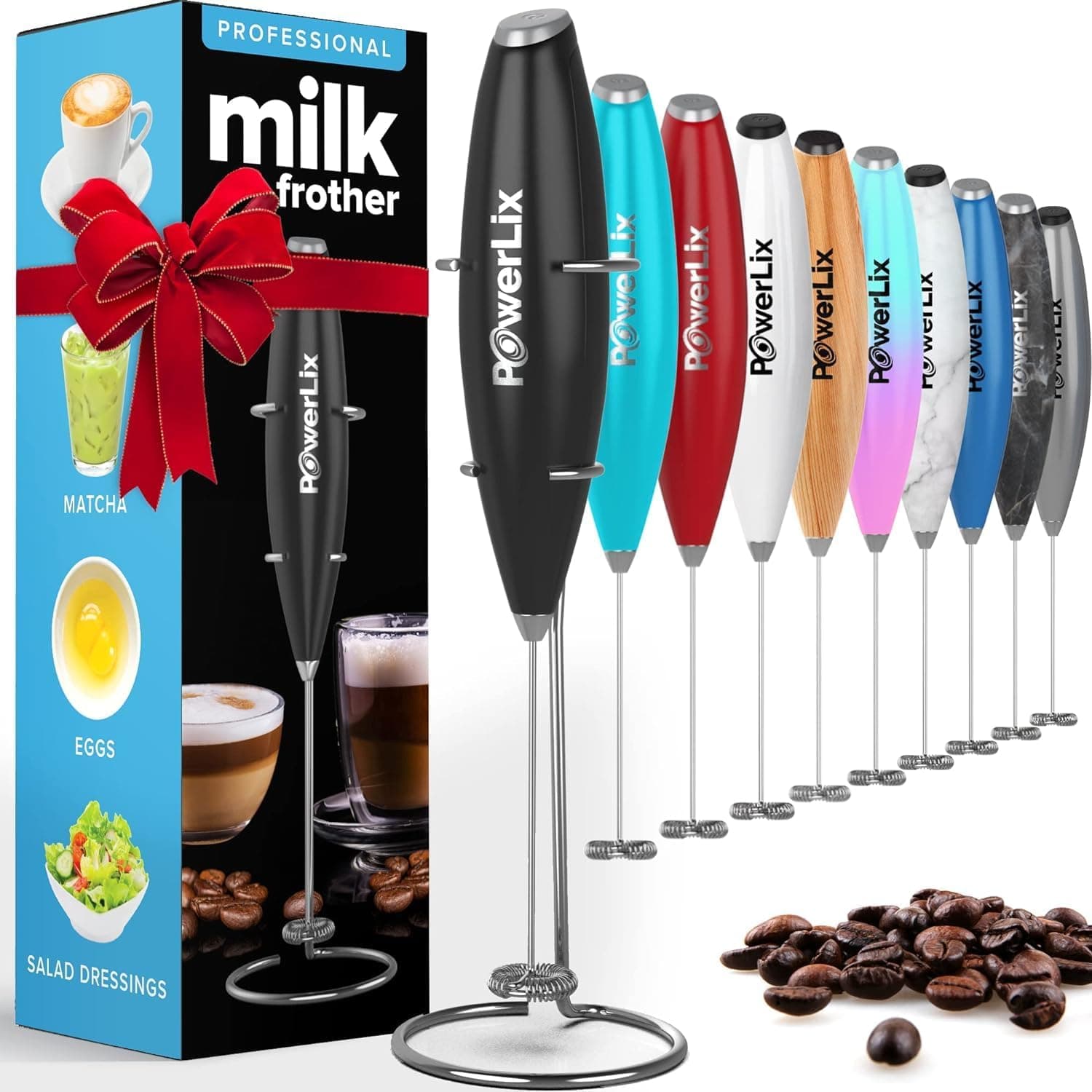 Powerlix Espumador de leite elétrico de mão - Liquidificadora de espuma potente de 19000 rpm com suporte de aço inoxidável, ideal para café, cappuccino e chocolate quente