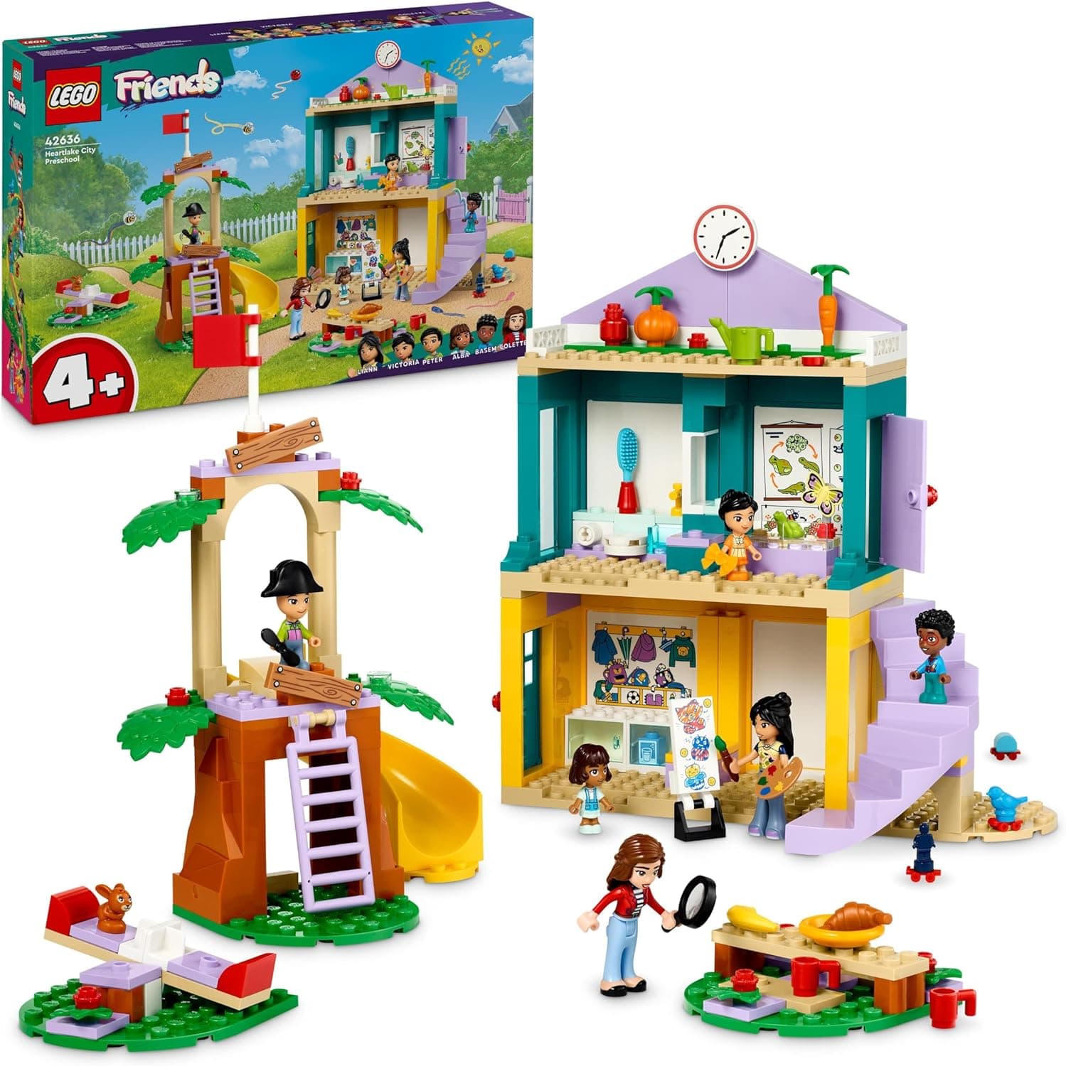 LEGO Friends Centro pré-escolar de Heartlake City escola infantil de brinquedo com escorrega e subida, presente para meninas e meninos de 4 anos ou mais, 2 mini bonecas e 4 micro bonecas 42636
