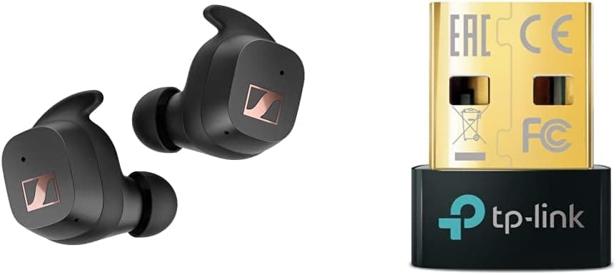 Sennheiser Sport True Wireless preto e novo: TP-Link UB500, adaptador Bluetooth 5.0 USB, tamanho mini para computador, portátil, auriculares, altifalante, teclado, compatível com Windows 11/10/8.1/7