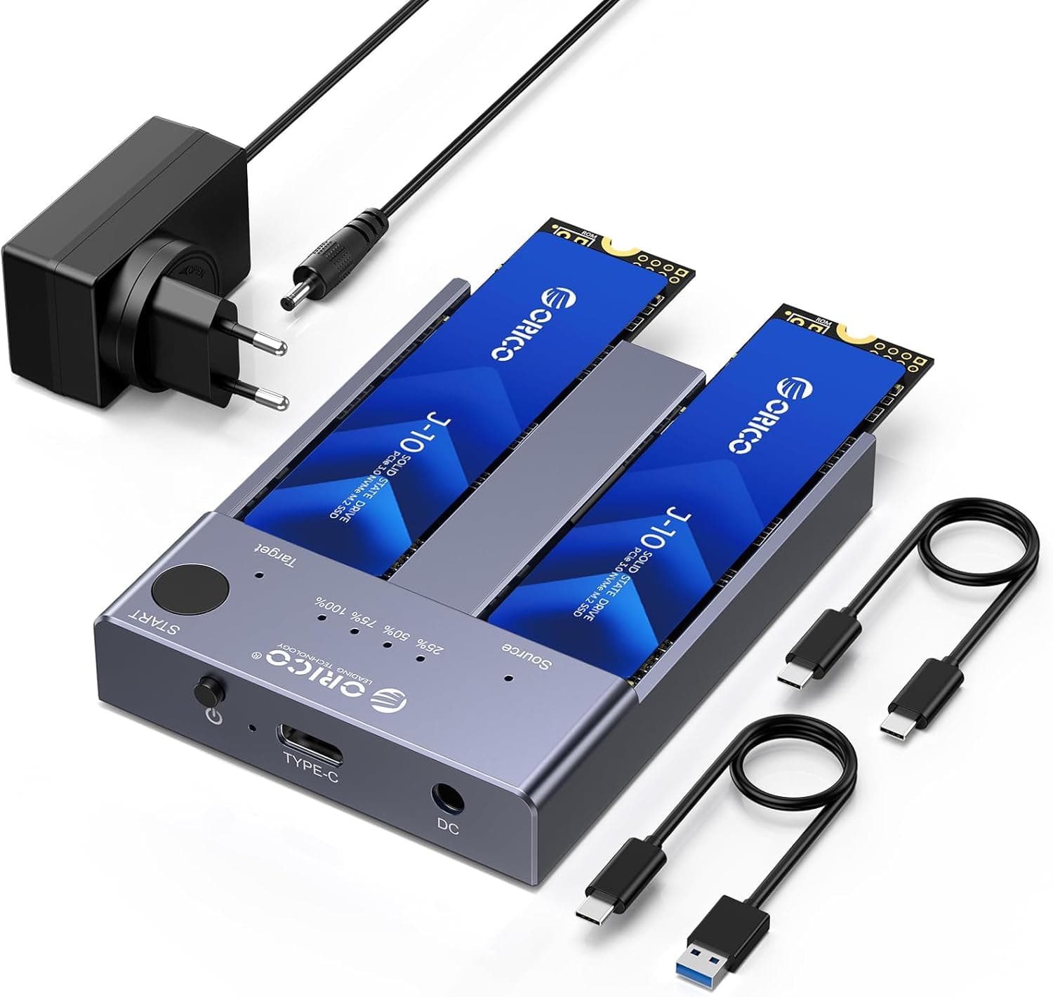 ORICO Bases de conexão do lonador NVMe SSD 2-bahias, 10 Gbps Docking Station capa para M-Key PCIe 2242/2260/ 2280 M.2 SSD, compatível com duplicador clones sem conexão e função sono automático