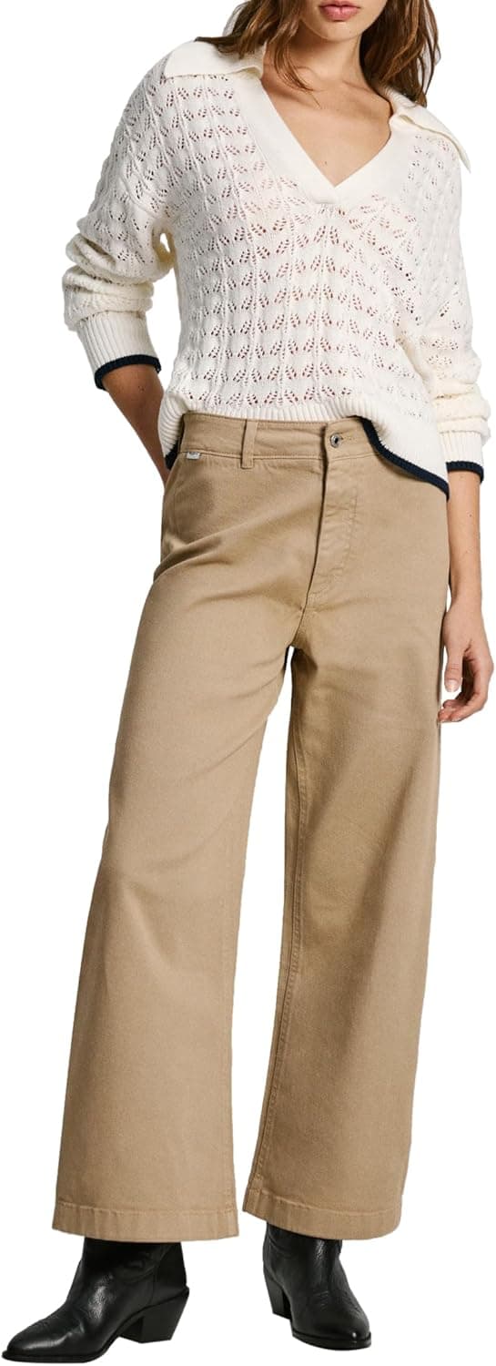 Pepe Jeans Tania | Calças de mulher em algodão sustentável com corte culotte, cintura alta e design moderno em tom bege Dark Stone