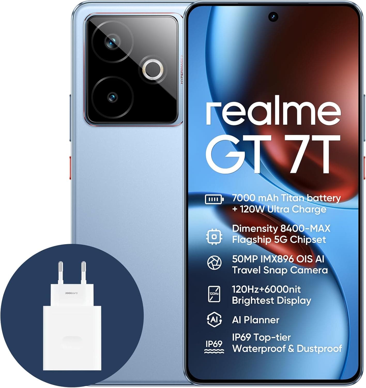 realme Smartphone GT 7T 5G, 12 + 256 GB, bateria de 7000 mAh, carregamento de 120 W, processador Dimensity 8400-MAX, IMX896 50 MP câmera, AI Planner, ecrã Pro-Esports de 6000 nits120 H. Z, IP69 ,azul