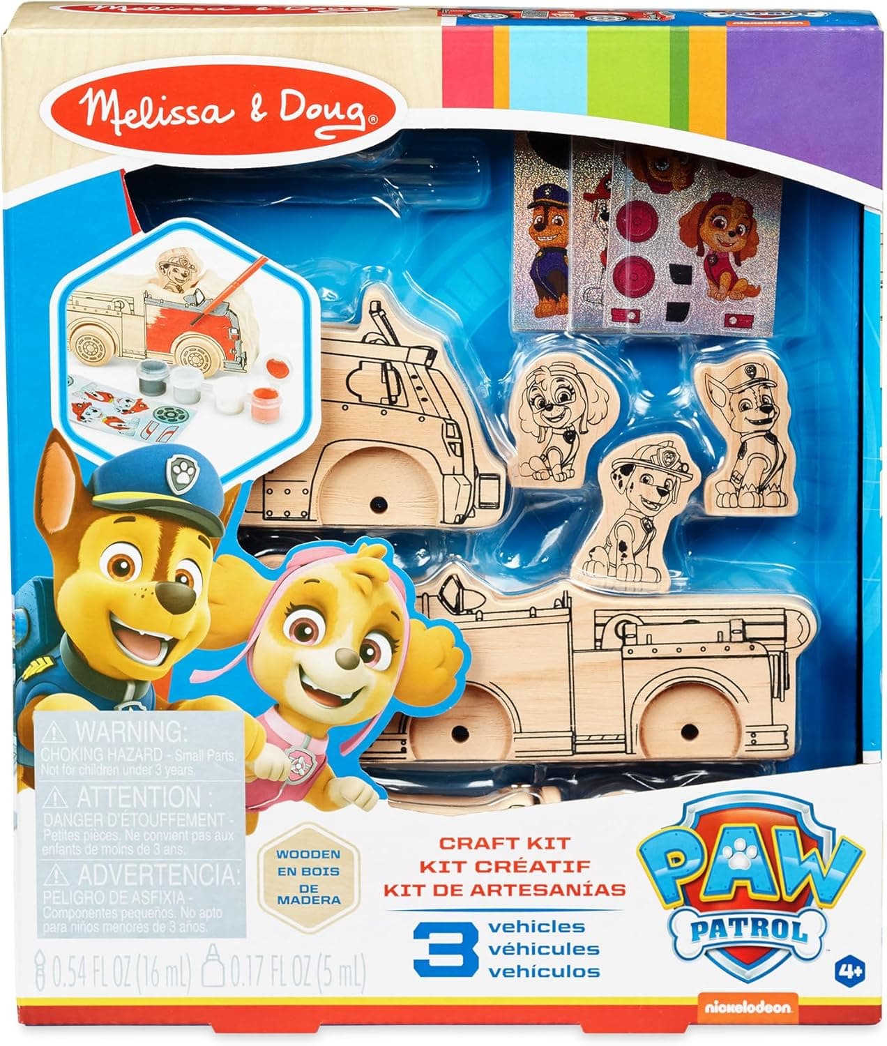 Melissa & Doug PAW Patrol Kit de artesanato de veículos de madeira - 3 kits decore os seus próprios veículos, 3 figuras de conjunto