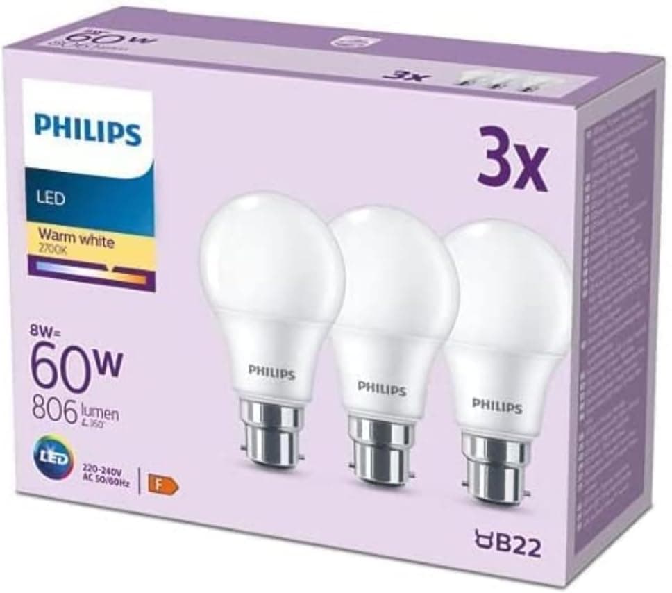 PHILIPS Pacote de 3 lâmpadas LED fosco A60 (branco quente 2700 K - tampa de baioneta B22) 60 W, não regulável para iluminação interior de casa