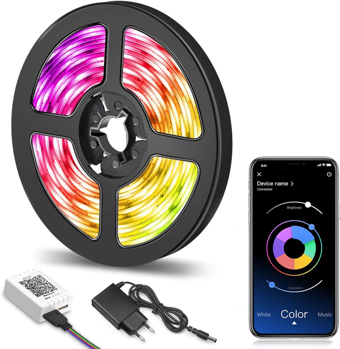 Mexllex Luzes LED de 15 m, tiras RGB 5050, cores com controlo remoto e controlo de aplicativo, luzes para quarto com microfone incorporado sensível, sincronização musical 